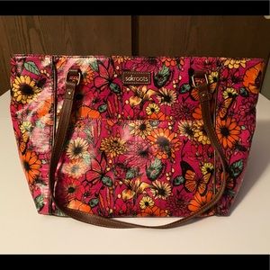 Bright floral/butterfly/bee print Sakroots tote